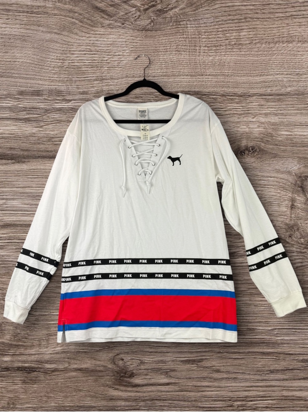 PINK Victoria's Secret White Lace-Up Long Sleeve Top with Red & Blue Stripes